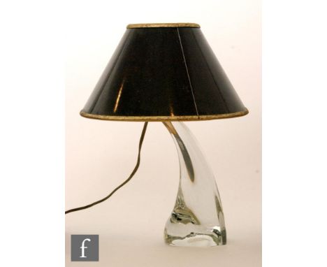 A mid 20th Century Daum table lamp, clear glass base of fluted triangular form, together with a black lampshade, total height