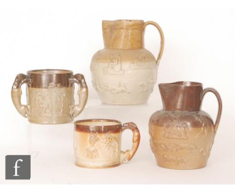 Four pieces of assorted 19th Century saltglaze stonewares comprising two jugs, both with tavern and hunting scenes, one lovin