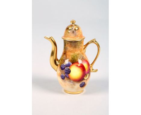 Royal Worcester miniature coffee pot, hand painted with fruit in a naturalistic back ground signed William Roberts date coded
