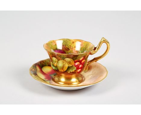 Royal Worcester cup and saucer, hand painted fallen fruit signed Townsend, dated 1970 
