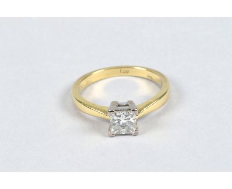 18 carat gold diamond solitaire ring, half carat princess cut diamond, yellow gold shank, retailed by Rox 