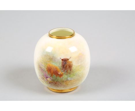 Royal Worcester vase spherical form, hand painted Highland cattle, signed Harry Stinton, No. 2491 date coded 1960. 8cm high 