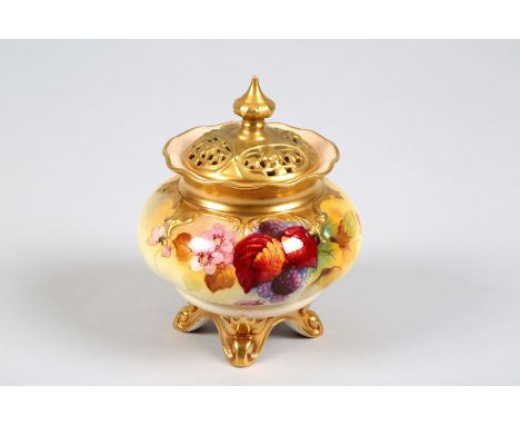 Royal Worcester Pot Pouri vase and cover, signed K. Blake, hand painted with wild blackberries, raised on four gilt scroll fe