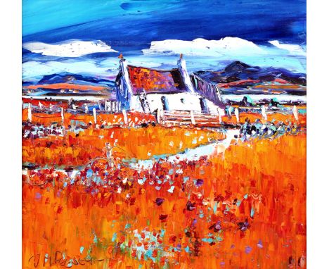 Jean Feeney (Scottish Contemporary) ARR Framed oil on canvas, signed ‘Evening Light, Machair’ 40cm x 40cm 