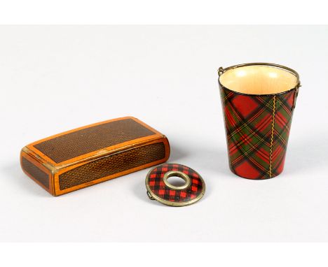 Three pieces of Mauchline ware Rob Roy tartan brooch 34cm diameter, Stuart tartan miniature pail 60mm high and a wooden hinge