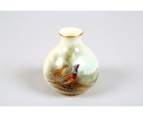 Royal Worcester vase, hand painted pair pheasants in landscape, signed James Stinton, no 2491 date coded 1918. 7.5cm high 