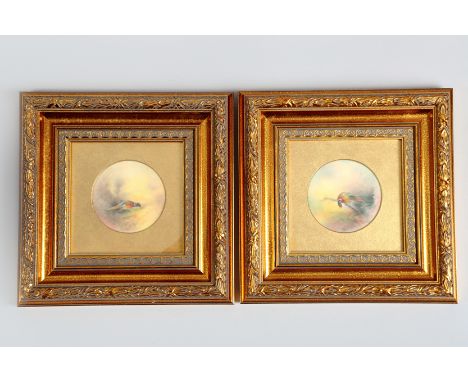 Pair Royal Worcester framed ceramic plaques, hand painted with pheasants by James Stinton, puce mark to verso, date coded 193