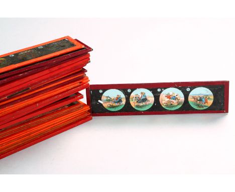 Thirty four Magic Lantern glass slides, assorted cartoon themes, approx. 13-14cm long 3.3cm wide 