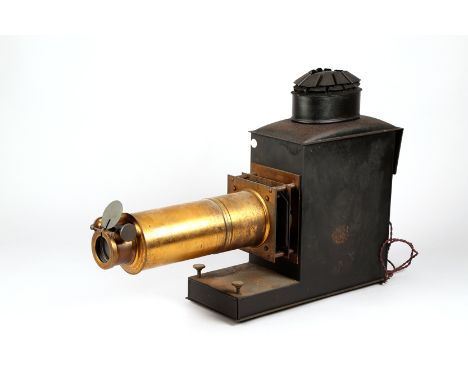 19th Century Magic Lantern with a long brass barrel lens, converted to electricity, marked Established 1816 London made Rd No