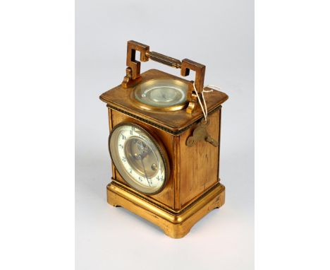 French gilt brass large carriage clock circ 1880, the case with metal sides cream chapter ring, with exposed balance, the gla