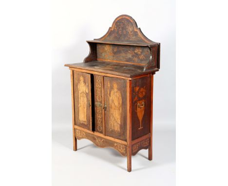 19th Century poker work cabinet, arched back with open shelf over twin cupboard doors, decorated with new classical figures. 