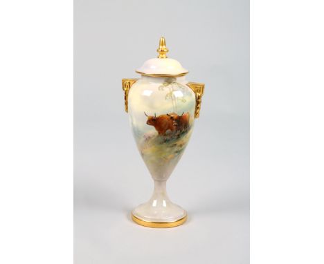 Royal Worcester vase and cover, baluster form with twin gilt handles, hand painted with Highland cattle, signed Harry Davis N