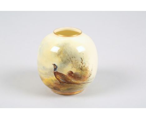 Royal Worcester vase spherical form, hand painted with pheasants in landscape, signed James Stinton No 2491 date coded 1915. 