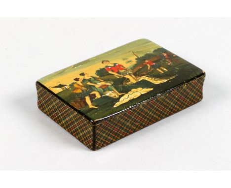 Mauchline ware snuff box, tartan exterior, a hinged cover decorated with picture panel of girls washing linen. 83cm long 56cm