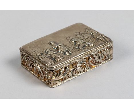 Edwardian silver snuff box hinged cover, with embossed figures, side panels embossed with acanthus leaves and flowers, Assay 