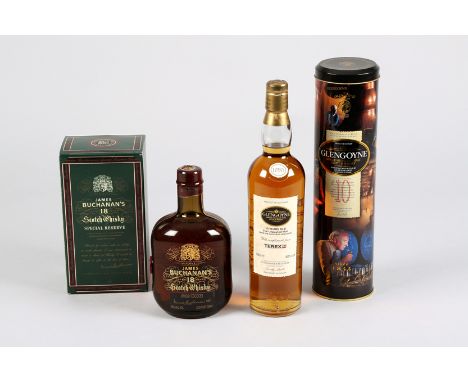 Glengoyne 10 years old Unpeated Single Highland Malt Whisky. 70Cl, 40% vol. in tube. James Buchanan’s 18 year old special res