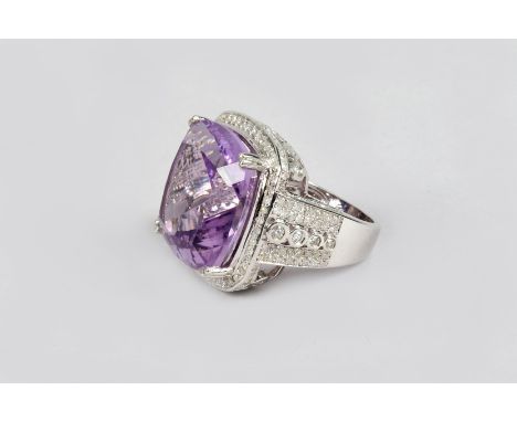 14K white gold and diamond ring set with a cushion cut purple amethyst approx. 25 carats, diamonds approx. 1.5 carat weight 