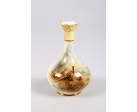 Royal Worcester vase, hand painted with pheasants in landscape, signed James Stinton No 702 sate coded 1915. 15cm high 