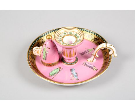 Copeland ceramic chamber candlestick and snuffer, pink ground decorated with neoclassical figures and gilt border, Factory ma