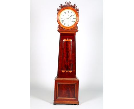 Scottish Victorian mahogany drum head long cased clock, white circular enamelled dial, Roman numerals seconds and date subsid