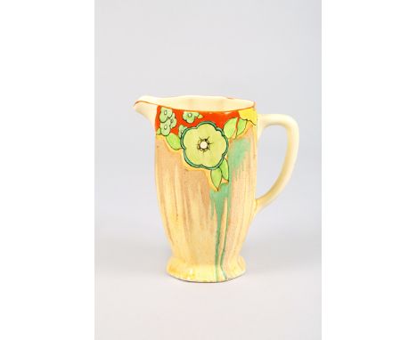 1930s Clarice Cliff pottery jug of faceted form, painted with dahlia pattern, signed Bizarre by Clarice Cliff to base, Newpor