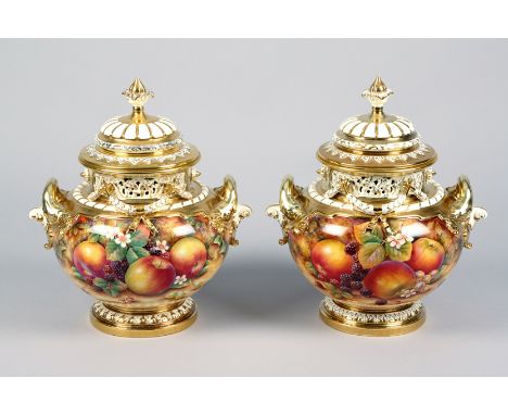 Very fine pair Royal Worcester bow vases and covers, hand painted with fruit, signed David Fuller, 1980. 33cm high 