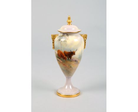 Royal Worcester vase and cover, baluster form with twin gilt handles, hand painted with Highland cattle, signed Harry Davis N