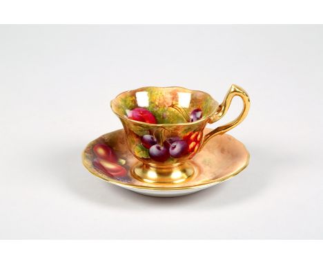 Royal Worcester cup and saucer, hand painted fallen fruit signed Townsend, dated 1970 