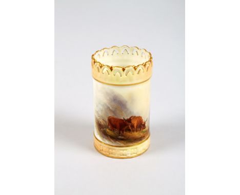 Royal Worcester vase of cylindrical form, pierced rim hand painted with Highland cattle, signed Harry Stinton No 689 dated co