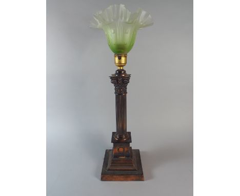 A Copper Corinthian Column Table Lamp on Stepped Base with Green Glass Shade. 47cm High