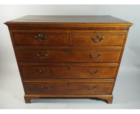 A 19th Century Crossbanded Oak Chest of Two Short and Three Long Drawers with Brass Handles. Bracket Feet. 104 x 49 x 93 Cm. 