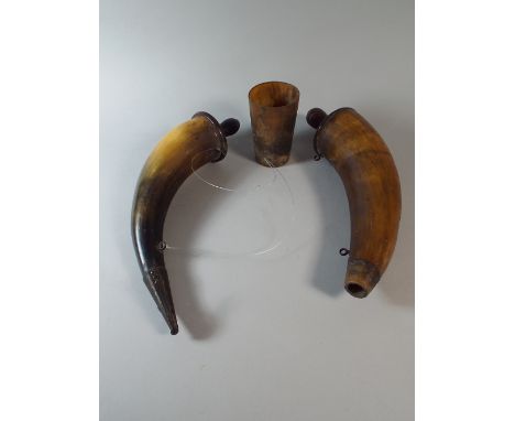 A Mid to Late 19th Century War Department Horn Powder Flask with Iron Spout and Stopper Stamped with The Broad Arrow and W D 