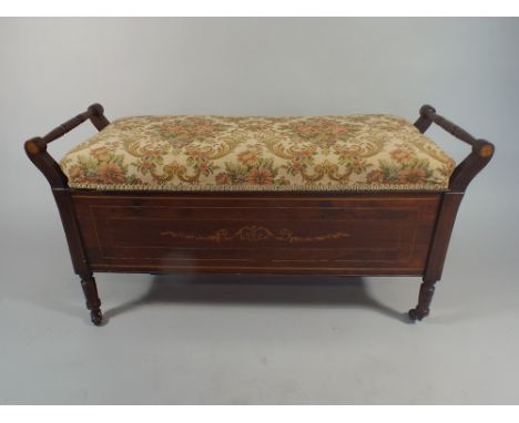 A Late 19th Century Inlaid Rosewood Box Duet Stool with Hinged Tapestry Upholstered Seat. Turned Carrying Handles and Support