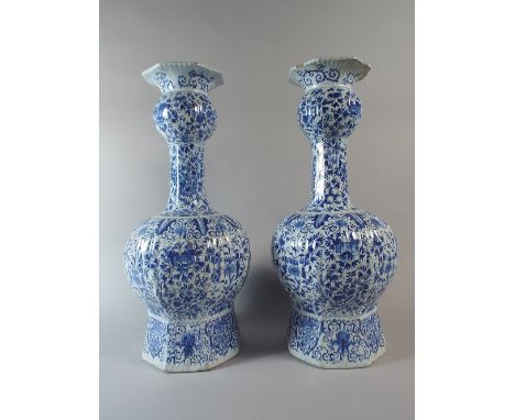 A Pair of Late 17th/Early 18th Century Dutch Delftware Blue and Whited Orion Vases The Bases Inscribed J.V 43 Cm High. 