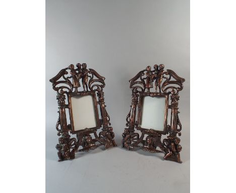 A Pair of Victorian Bronzed Cast Metal Photo Frames. Ornately Cast with Putti and Serpents, Angel and Reeded Classical Pillar
