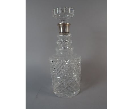 A 20th Century Cut Glass Silver Topped Decanter, London 1982. 28cm High