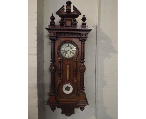 A Late Victorian Wall Hanging Keyhole Weather Station Clock by Gustav Becker. Having Eight Day Clock, Thermometer Scale and A