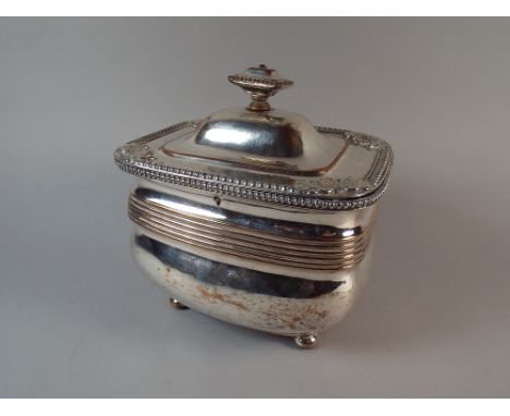 A 19th Century Sheffield Plate Two Division Tea Caddy with Moulded Shell Decoration to Hinged Lid. Ribbed Band to Body and Se