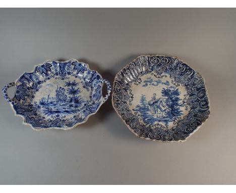 A Late 17th / Early 18th Century Dutch Delftware Two Handed Bowl Decorated in Blue and White with Couple Walking Beside Lake,