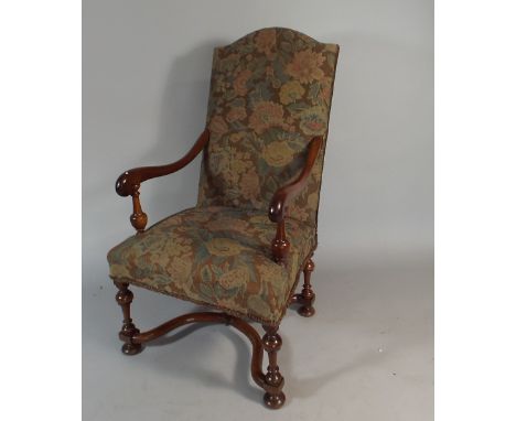 A Pretty Edwardian Tapestry Upholstered Mahogany Framed Armchair on Turned Supports with X Stretcher