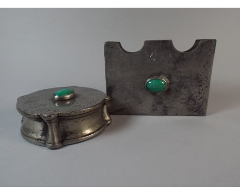 An Arts and Crafts Liberty Style Pewter Lidded Pot, 11cm Diameter and a Matching Letter Holder, 13cm Wide. Both with Jade Col