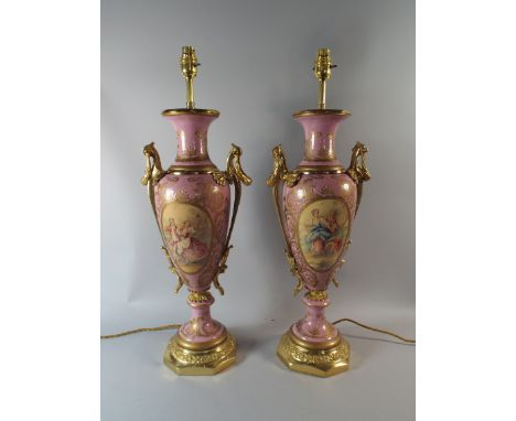 A Pair of Ormolu Mounted French Ceramic Vase Shaped Table Lamps on Octagonal Bases. 63cm High