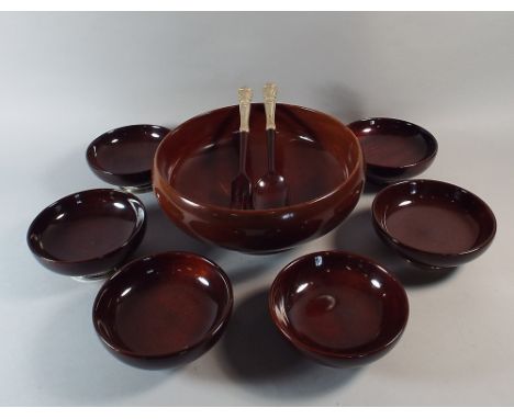 An American Sterling Silver Mounted Oak Salad Set Comprising Larger Silver Footed Bowl, 29cm Diameter, Pair of Silver Handled