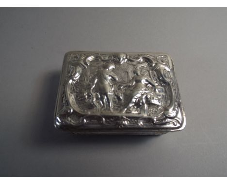 An Early Continental White Metal Rectangular Snuff Box Decorated in Relief with Figures, Follies, Masks Etc. 7cm Wide. 