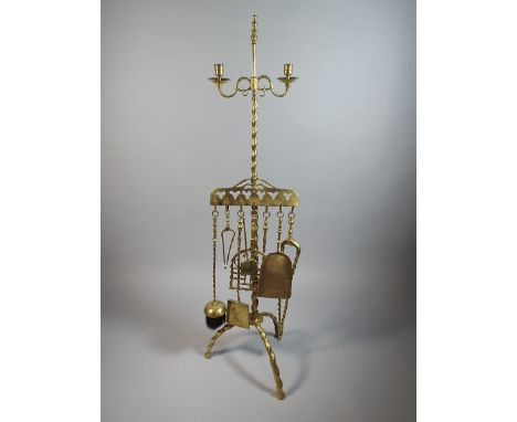 A Large Dutch Style Brass Fire Compendium on Tripod Base with Eight Hanging Irons and Two Branch Adjustable Candle Holder Ove