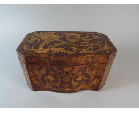 A Poker Work Decorated Two Division Serpentine Fronted Tea Caddy. The Hinged Lid Decorated with Dragon Supporting Shield Mono
