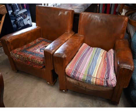 Pair of Art Deco oak framed brown leather armchairs (non-matching seat cushions), 80 x 72 x 80 cm