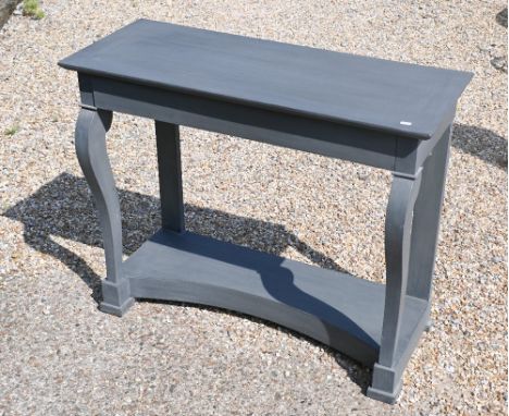 A contemporary blue/grey painted console table with concave platform base, 100 cm x 40 cm x 82 cm h