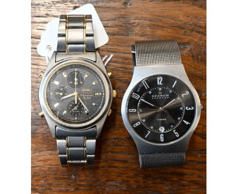 A Seiko Titanium Chronograph SQ 100 stainless/gilt wristwatch, no box, to/w Skagen, Denmark, stainless steel wristwatch, quar