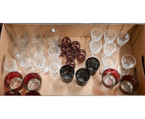Six German ruby flask schnapps glasses and other overlaid and cut or etched drinking glasses (box) 